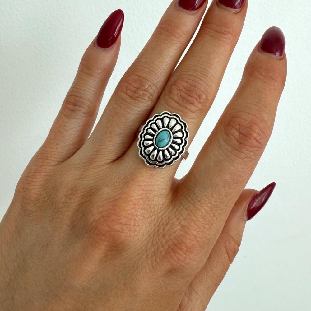 Silver & Turquoise Native American Style Zuni Concho Ring